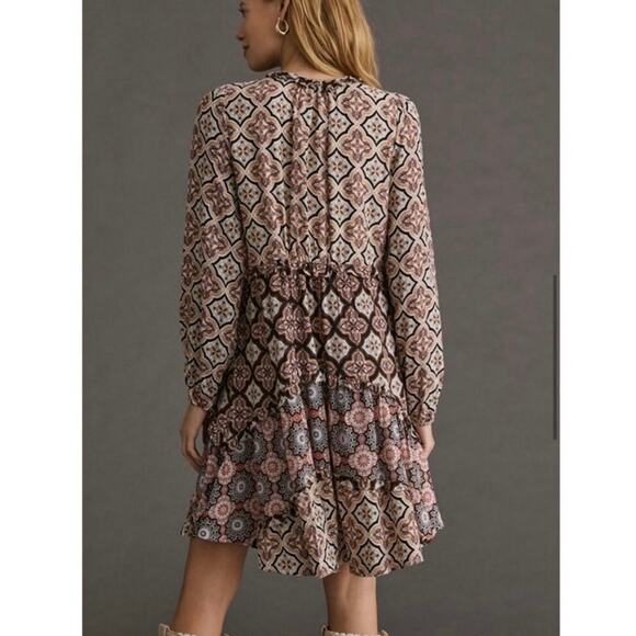 Anthropologie Tiered V-Neck Long Sleeve Floral Printed Boho Peasant Dress Medium - Picture 2 of 12